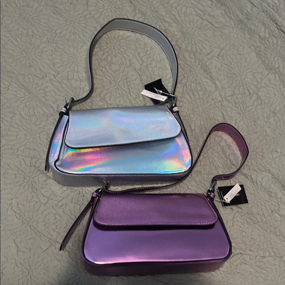 Ashley Stewart Silver and Purple Shoulder Bags with Holographic Finish (2for1)